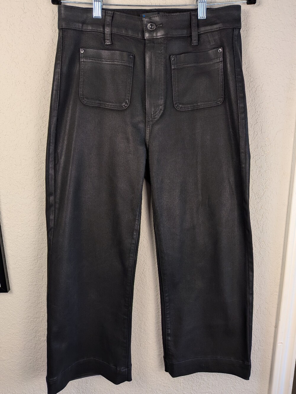 PAIGE Leenah Wax Coated Denim Size 30 Black Cropped Wide Leg High Rise Grunge